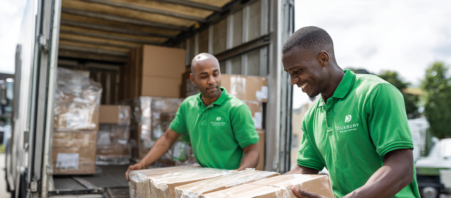 Two professional movers helping pack boxes into the Duxbury Moving truck